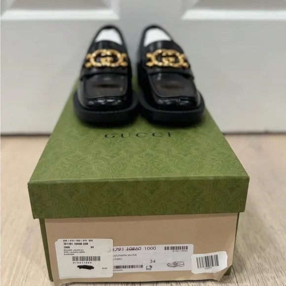 GUCCI Authentic Spice Lux Nappa Black Patent Gold Interlocking G Loafers US 4 34